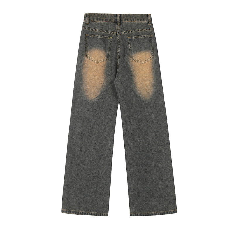 Retro Embroidered Letter Denim Wide-Leg Pants