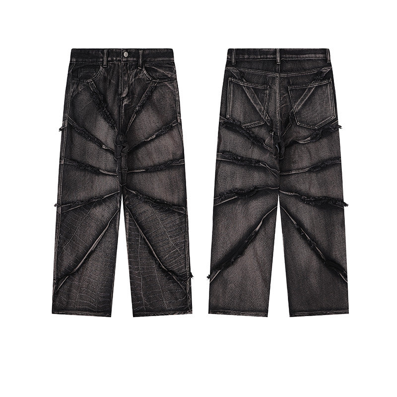 Heavy Washed Flared Jeans with Raw Hem and Stone Finish