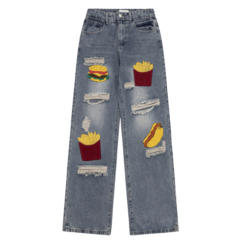 Vintage Washed Loose Jeans with French Fries Patch