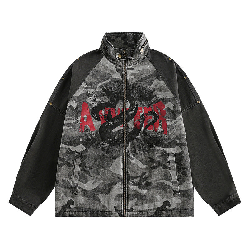 Snake Pattern Vintage Hooded Zip-Up Camouflage Jacket
