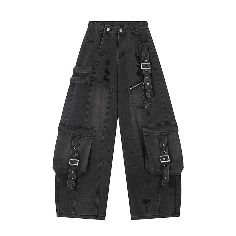 Hip-Hop Washed Patchwork Denim Work Pants