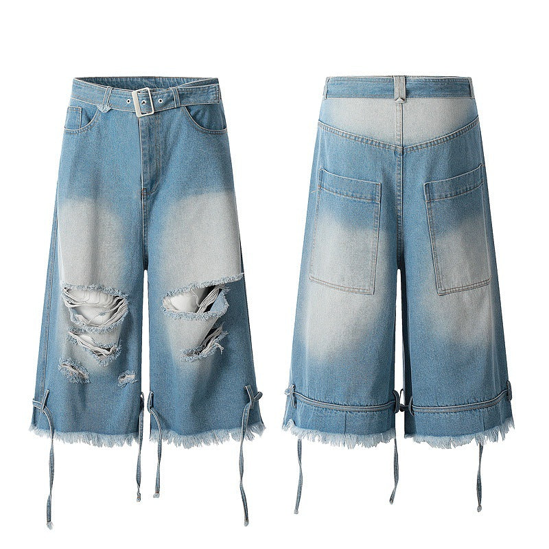 Distressed Washed Blue Denim Shorts with Drawstring Detail