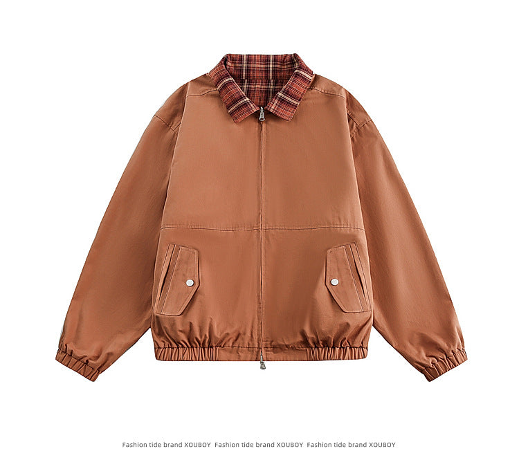Vintage Reversible Bomber Jacket – Plaid Splicing Design
