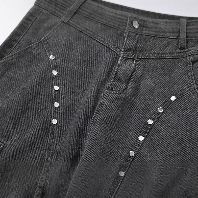 Utility Flared Denim Cargo Pants with Rivet Details