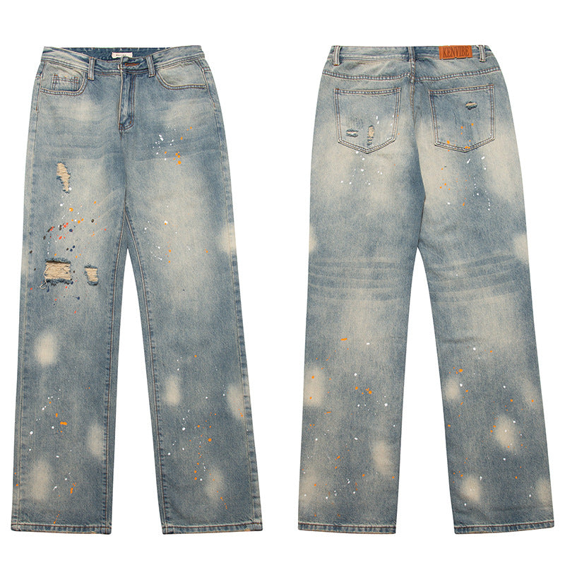 Washed Paint-Splattered Ripped Loose Street Hip-Hop Jeans