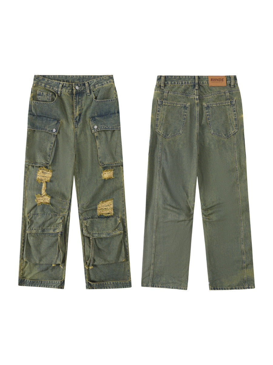Vintage Loose Multi-Pocket Washed Workwear Jeans
