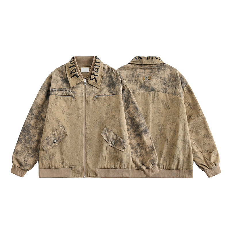 Vintage Spray-Paint Work Jacket with Embroidered Lapel