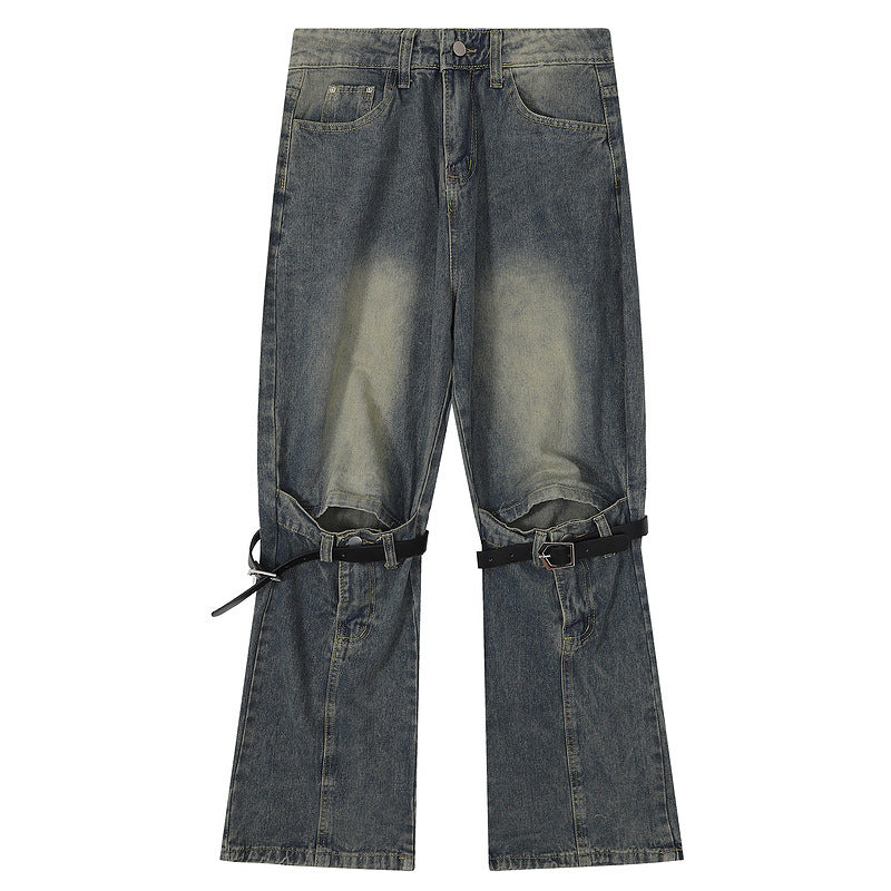 Loose Hip-Hop Ripped Knee Jeans with Belt Detail