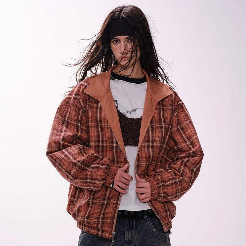 Vintage Reversible Bomber Jacket – Plaid Splicing Design