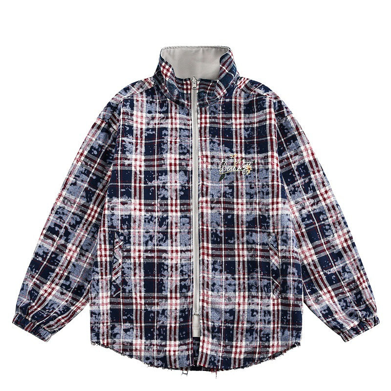 Retro Double-Sided Plaid Jacket with Floral Shadow Embroidery – Layered Look