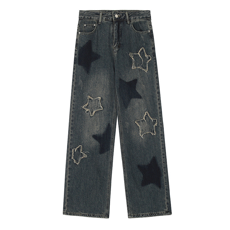 Vintage High-Waisted Star Patch Wide-Leg Jeans