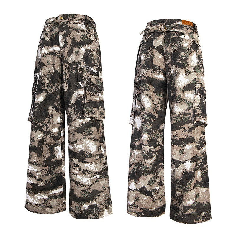 Vintage Camouflage Multi-Pocket Cargo Jeans with Elastic Waist