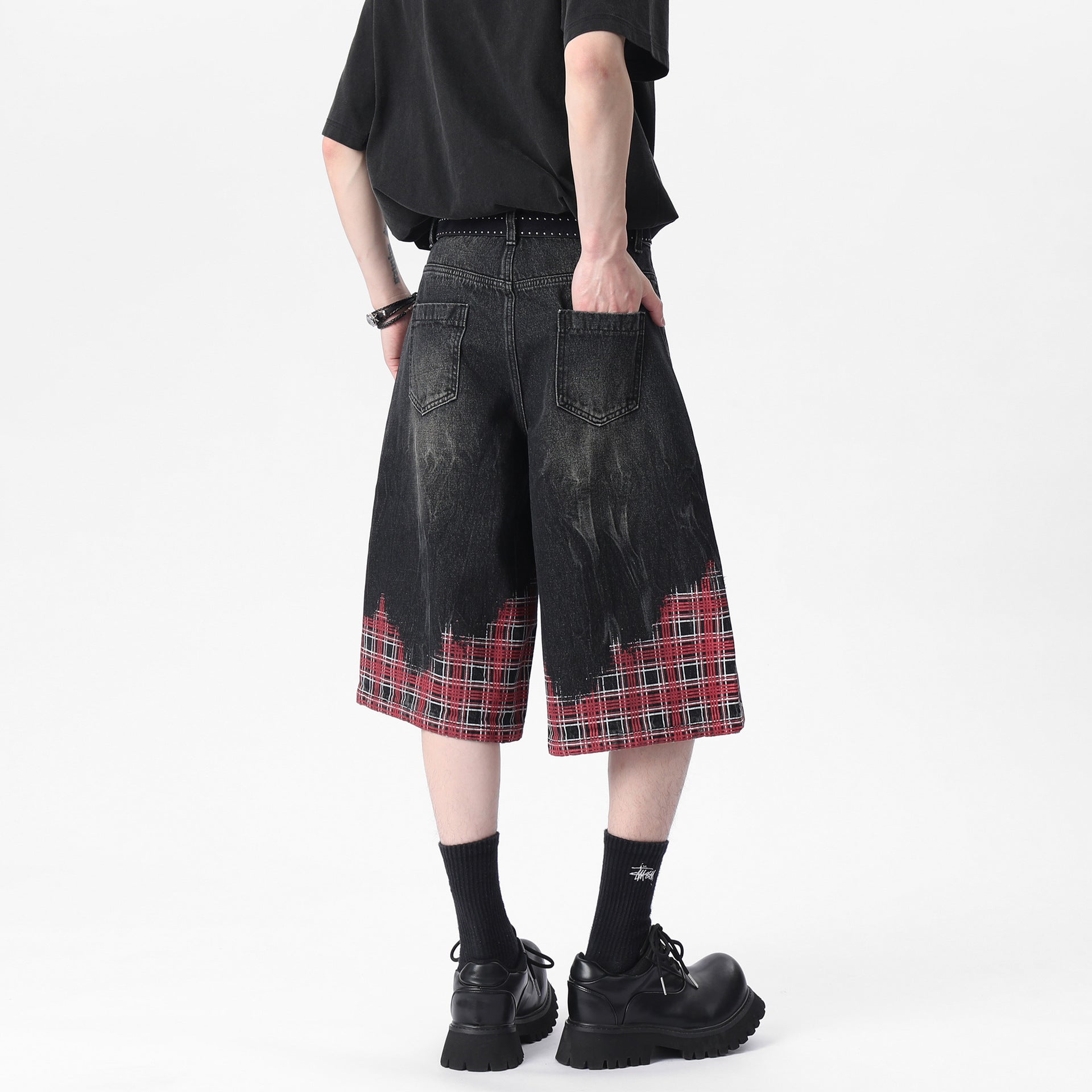 Distressed Plaid Patchwork Vintage Denim Shorts