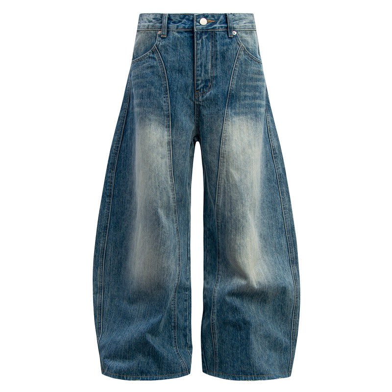 Vintage Washed Knife-Cut Straight Jeans with Structured Silhouette