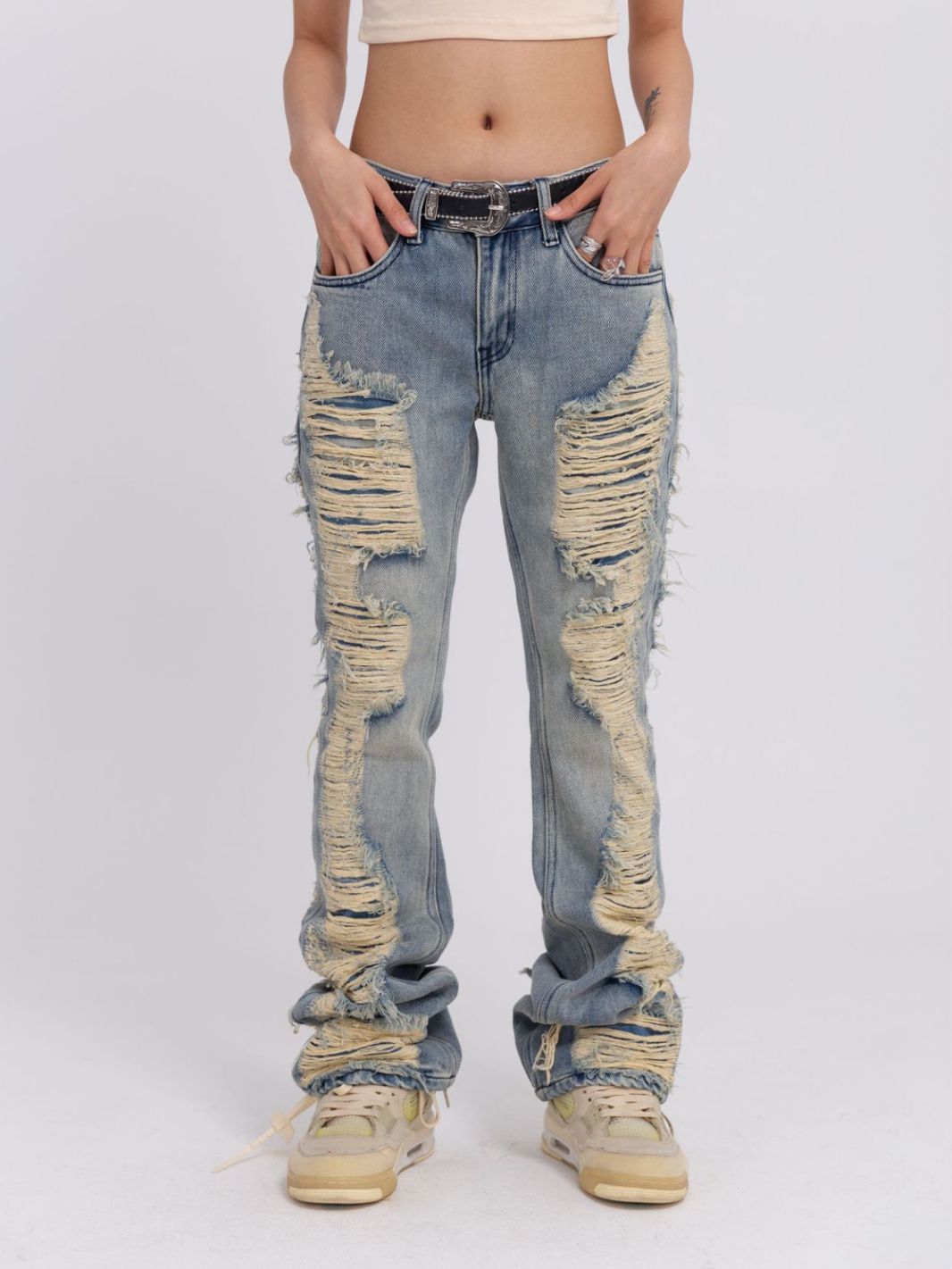 Hand-Distressed Whiskered Flared Ripped Jeans