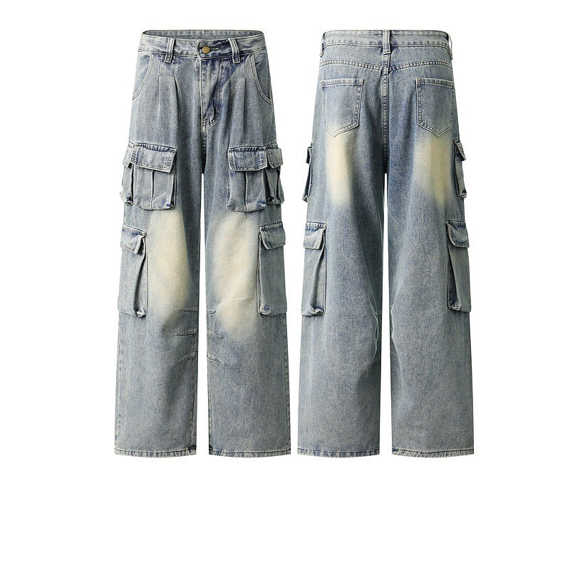 Vintage Multi-pocket Washed Utility Straight-Leg Jeans