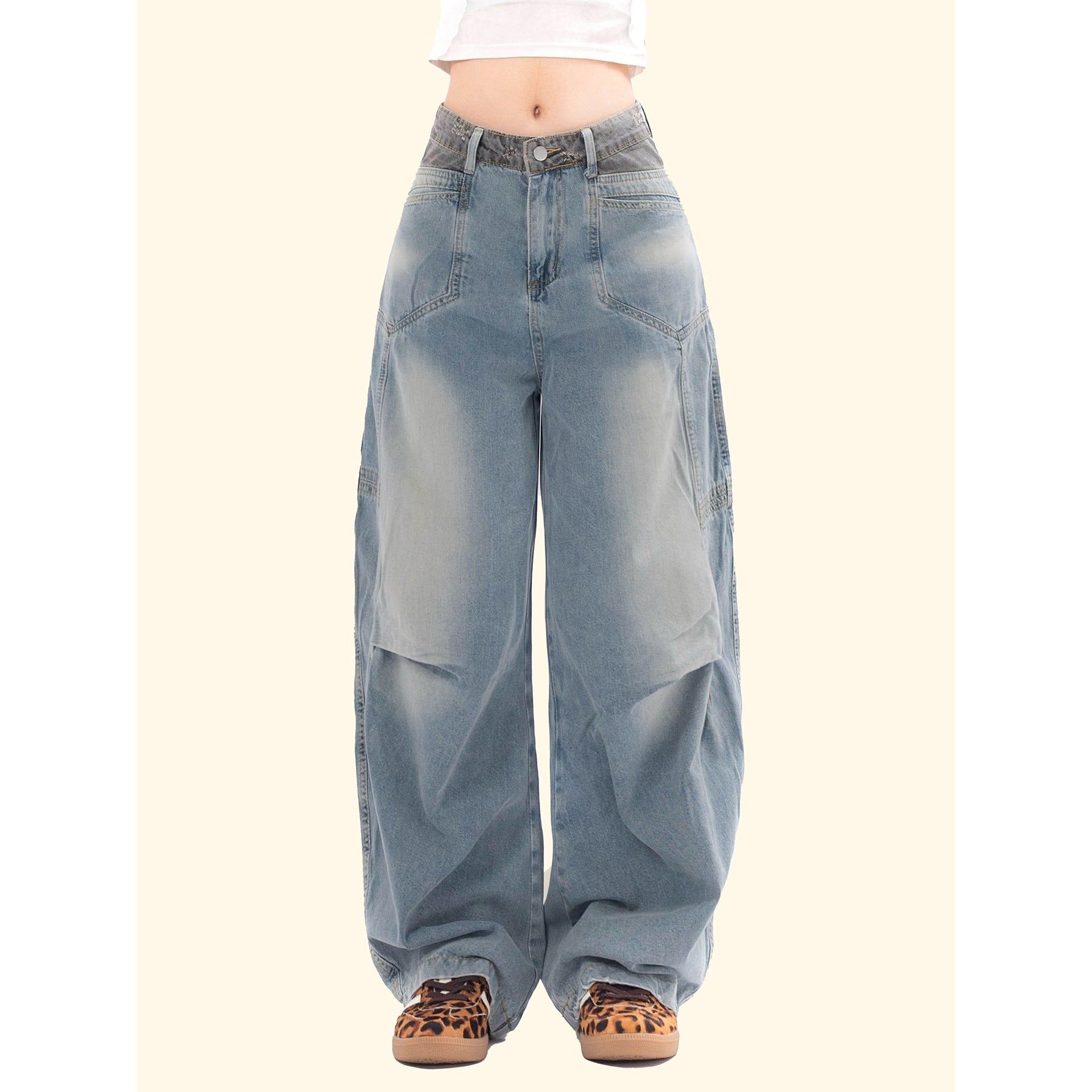 Washed Wrinkled Micro-Flare Carrot-Leg Vintage Jeans