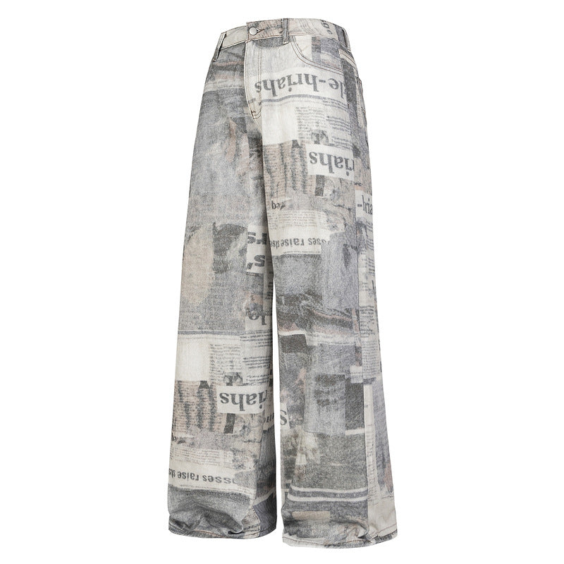 Graffiti Washed Newspaper Print Wide-Leg Jeans