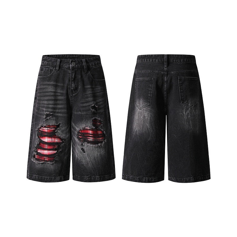 High-Street Ripped Colorblock Denim Shorts