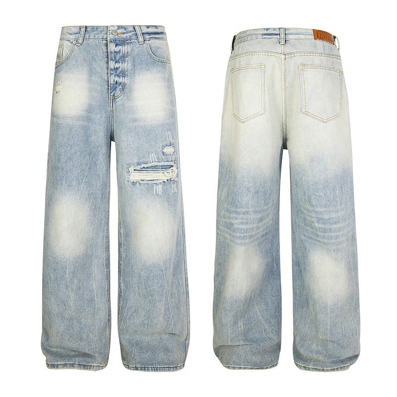 Vintage Straight-Leg Distressed Jeans with Button Detail