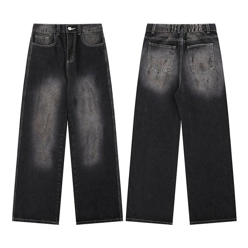 Vintage Washed Straight-Leg Jeans with Draped Wide-Leg Fit