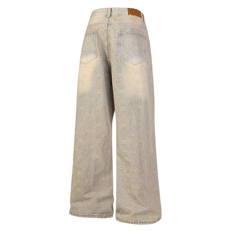 Washed Mud-Dyed Embroidered Loose Straight Micro-Flare Jeans