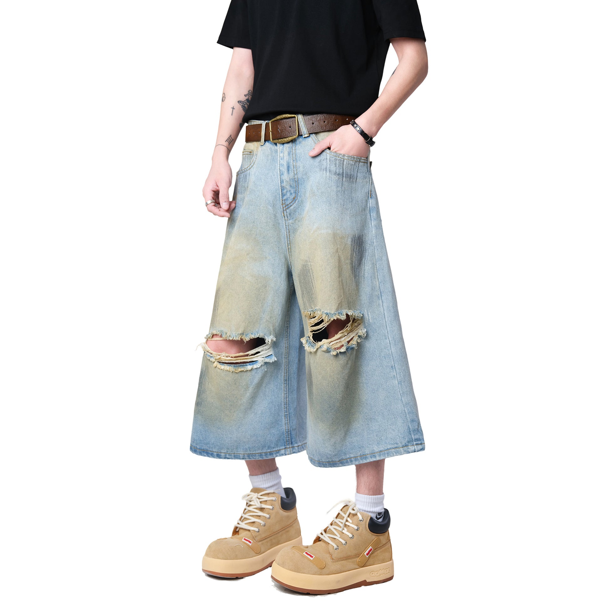 Vintage Mud-Dyed Ripped Denim Shorts