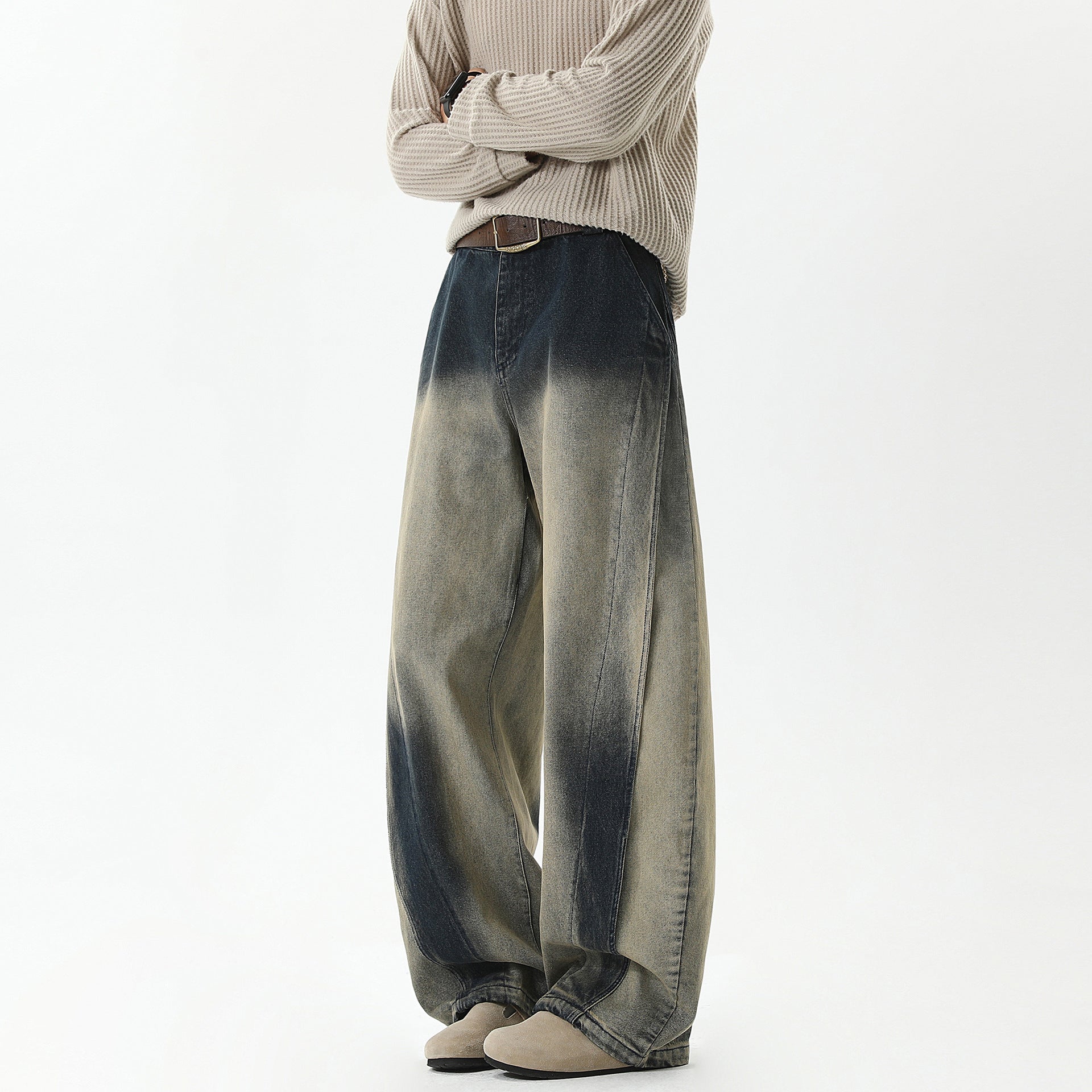 Washed Vintage Wide-Leg Jeans with Knife Cut Design