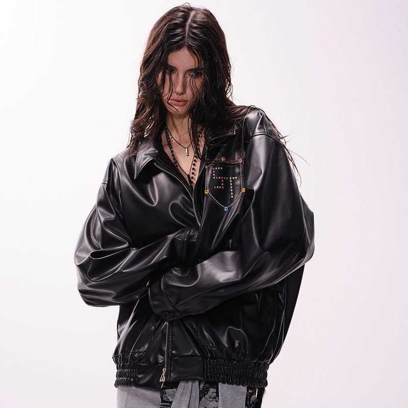 Loose Fit PU Biker Jacket – Rhinestone Accent