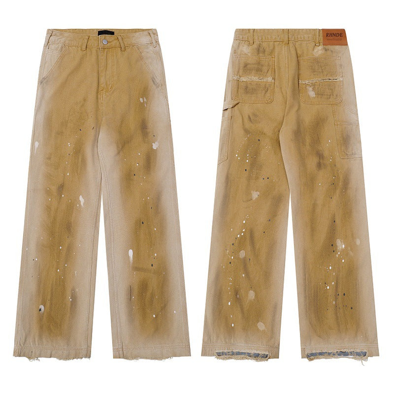 Splatter Wash Loose Straight-Leg Utility Jeans