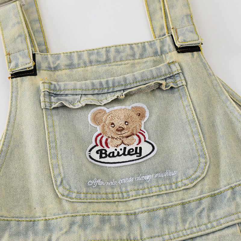 Washed Denim Overalls with Bear Embroidery