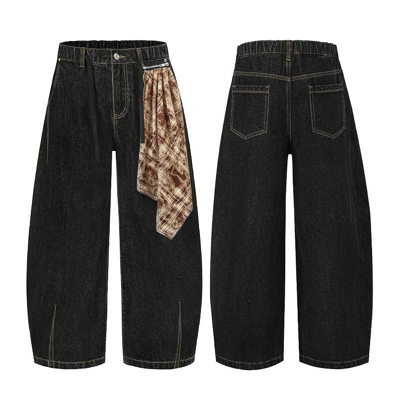 Detachable Bandana Wide-Leg Denim Pants with Curved Cut