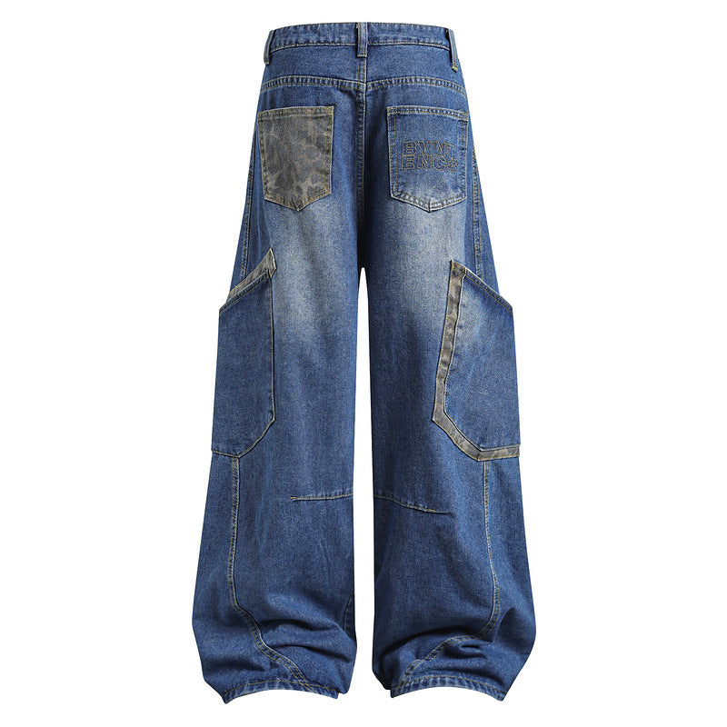 Loose Blade-Cut High Street Denim Pants with Multi-Pocket Design