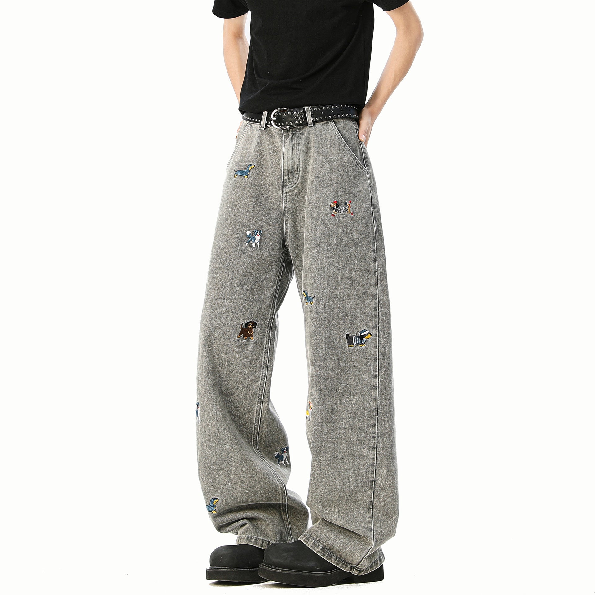 Embroidered Dog Line Art Flared Blade Jeans