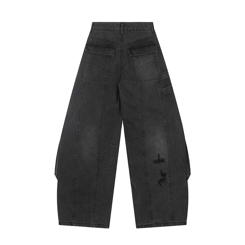 Hip-Hop Washed Patchwork Denim Work Pants