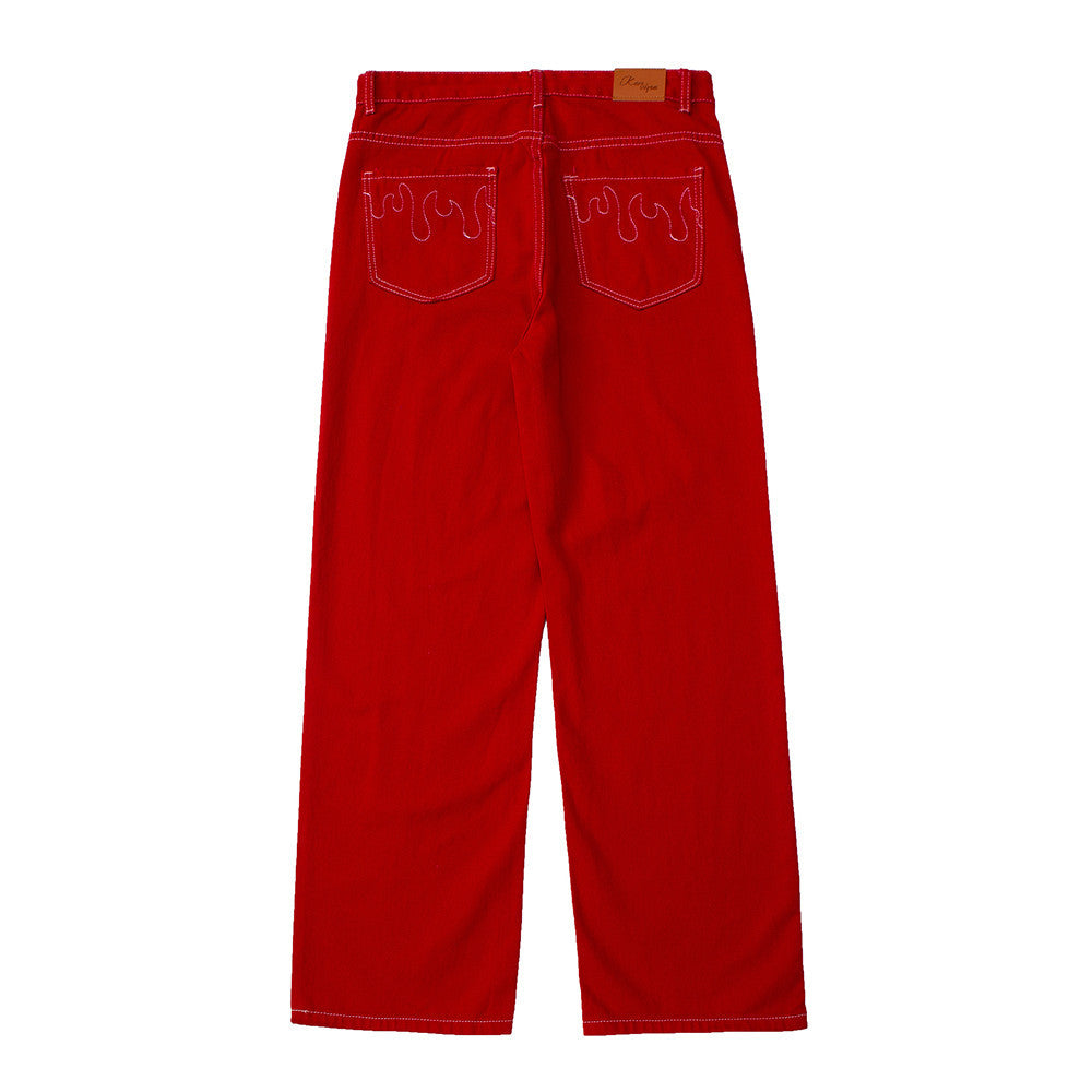 Flame Embroidery Straight-Leg Jeans with Contrast Stitching