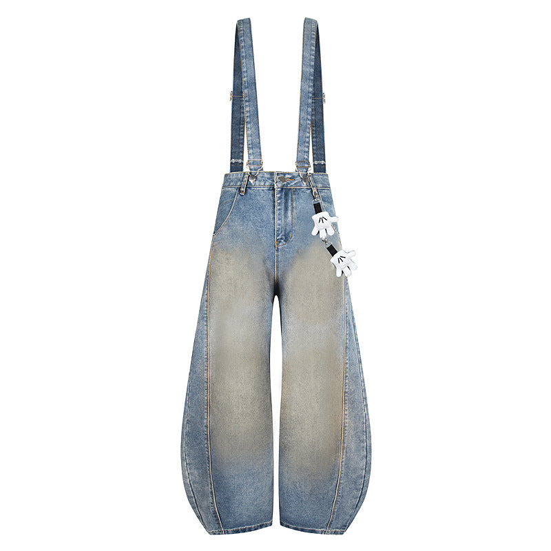 Vintage Washed Detachable Strap Jeans with Curved Cut