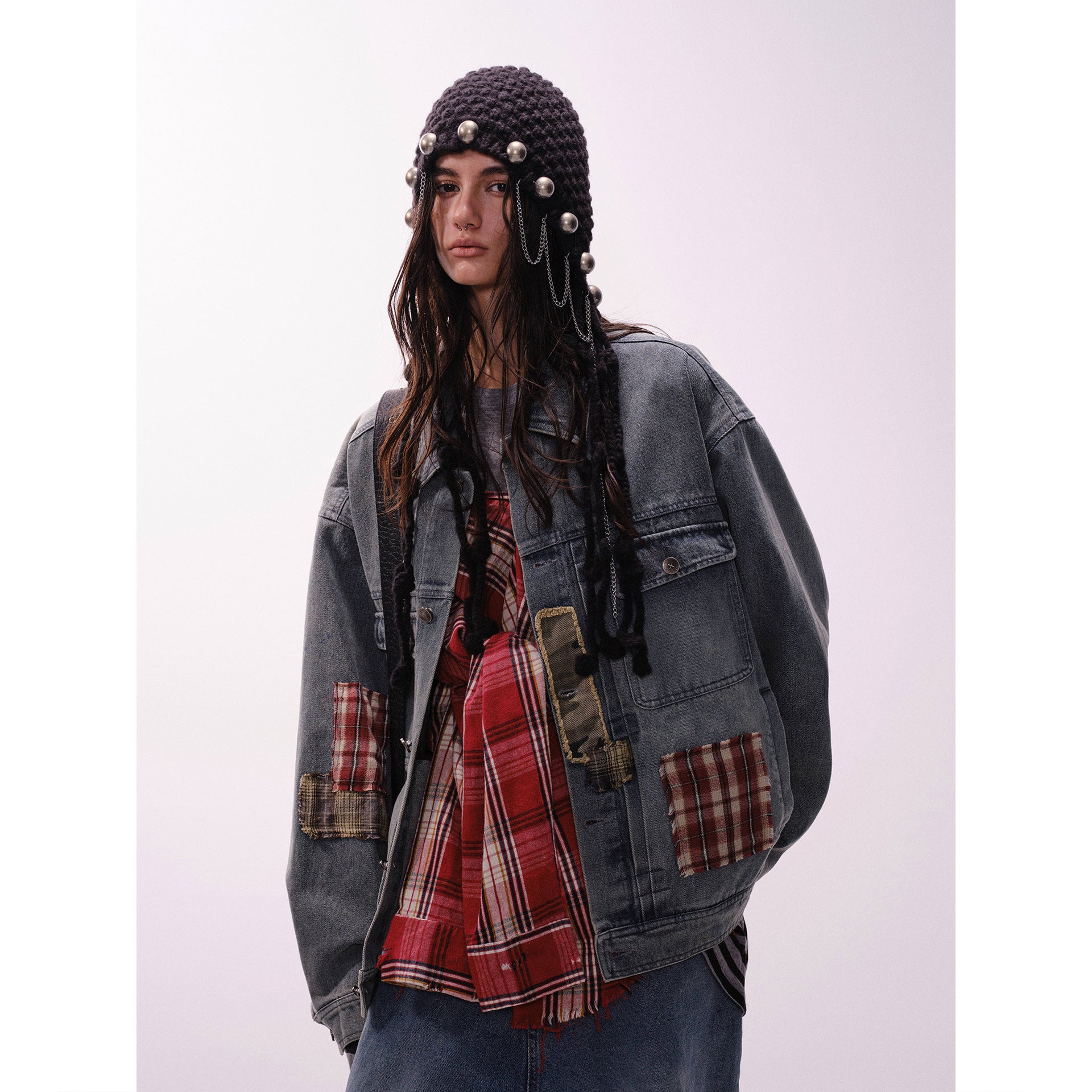 Vintage Loose Fit Work Jacket with Denim Patchwork
