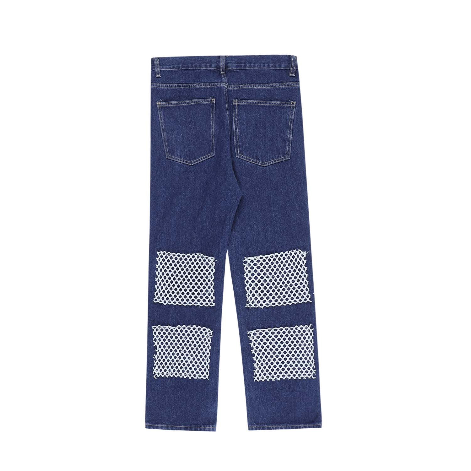 Patchwork Mesh Letter Embroidered Loose Wide-Leg Jeans