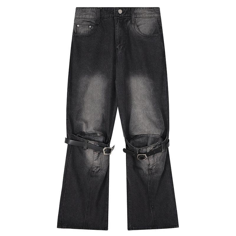 Loose Hip-Hop Ripped Knee Jeans with Belt Detail