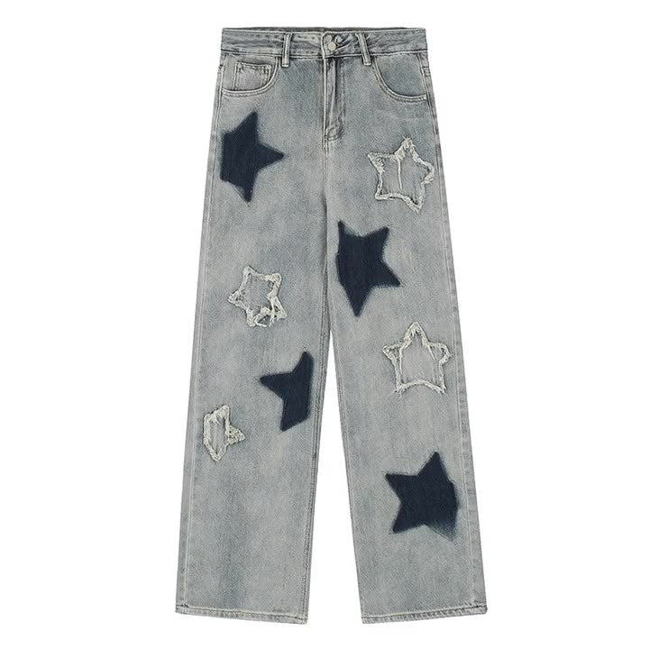 Vintage High-Waisted Star Patch Wide-Leg Jeans