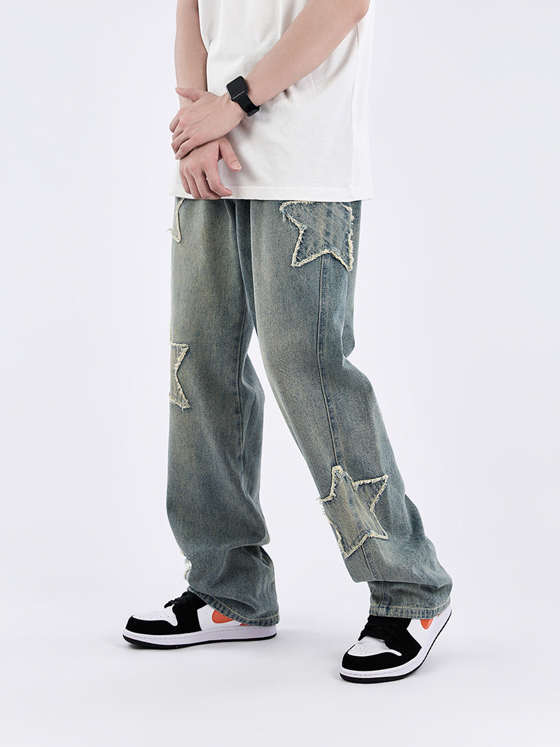 Retro Hip-Hop Varsity Star Patchwork Jeans