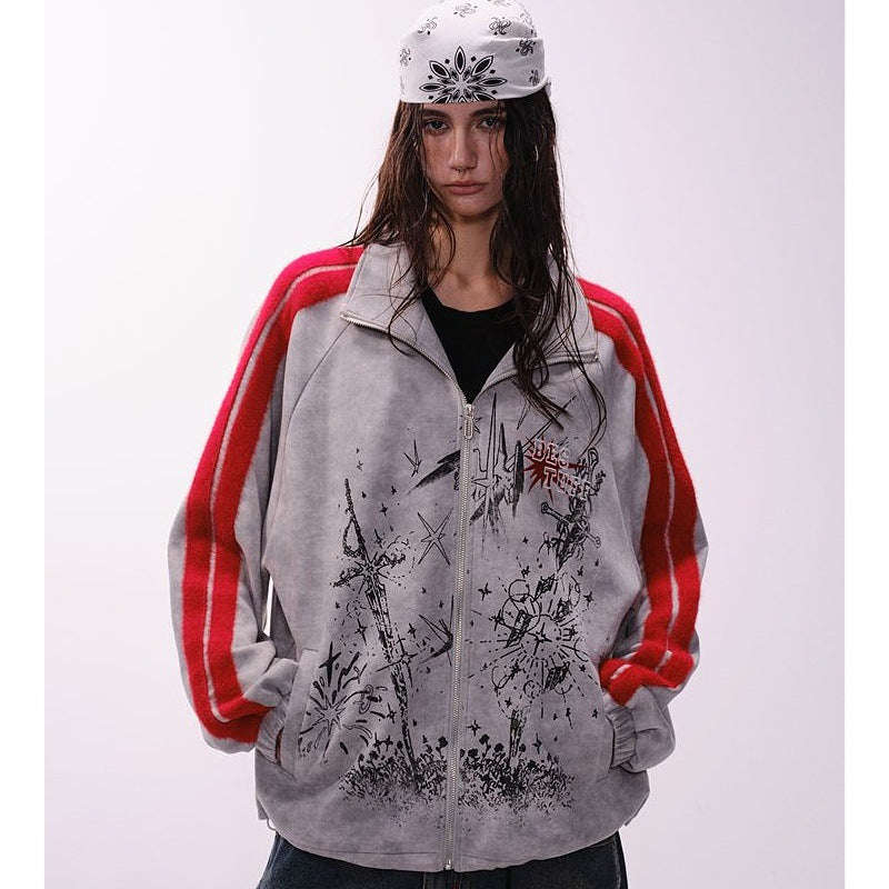 Vintage Distressed Suede Jacket with Contrast Panels and Striped Webbing – Hip-Hop Style