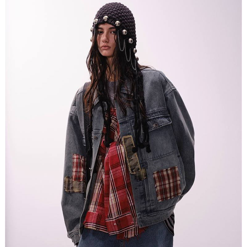 Vintage Loose Fit Work Jacket with Denim Patchwork