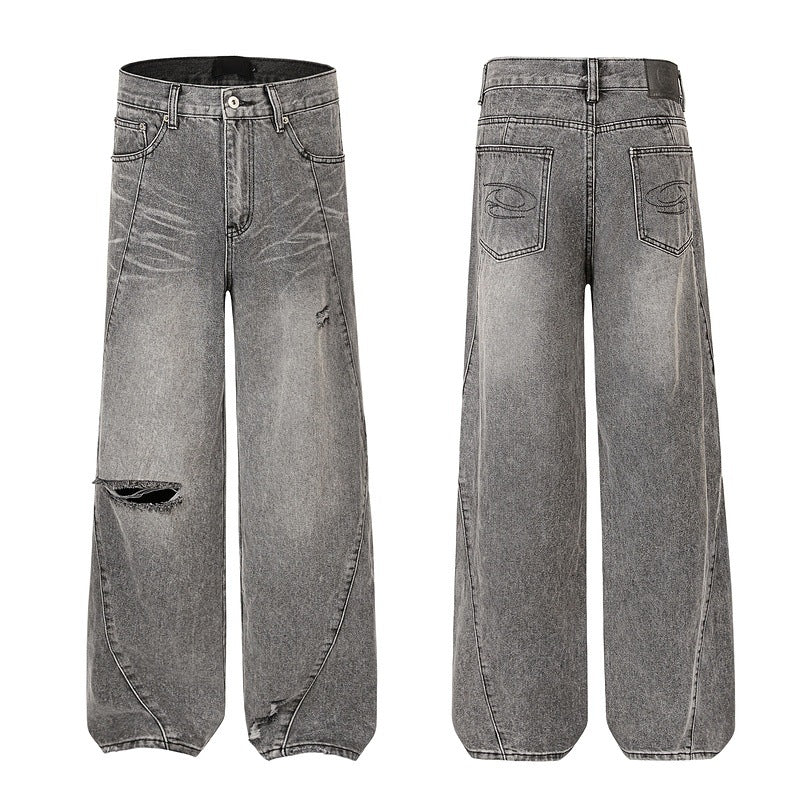 Vintage Washed Distressed Hip-Hop Loose Straight-Leg Jeans