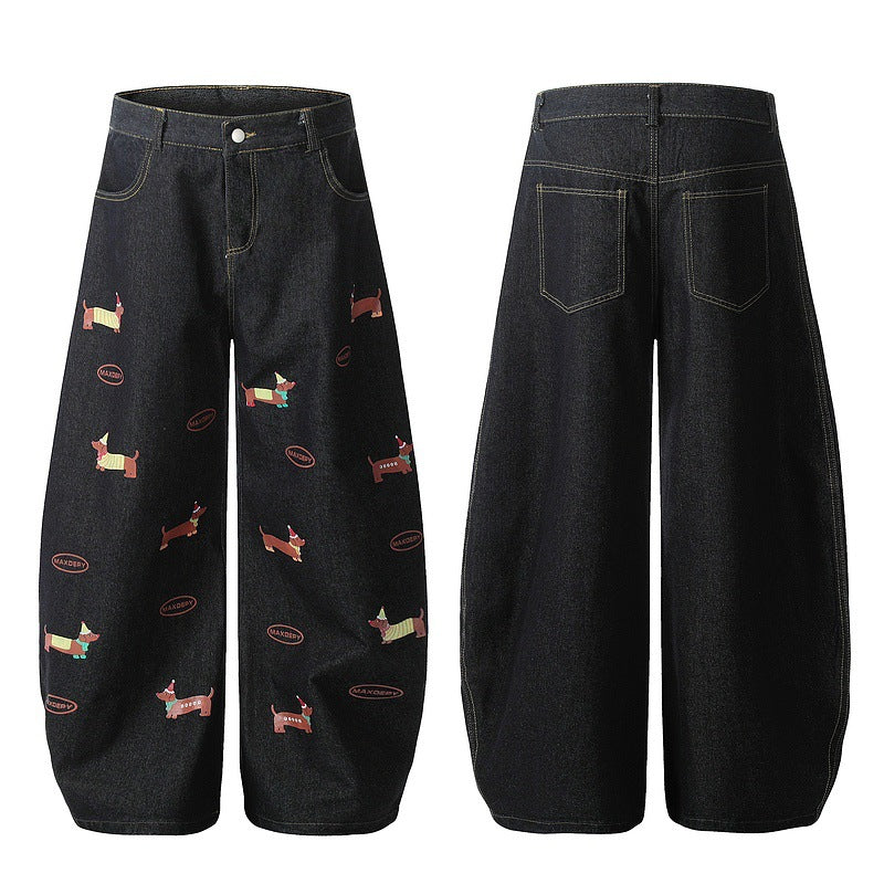 All-Over Puppy Print Wide-Leg Jeans with Curved Hem