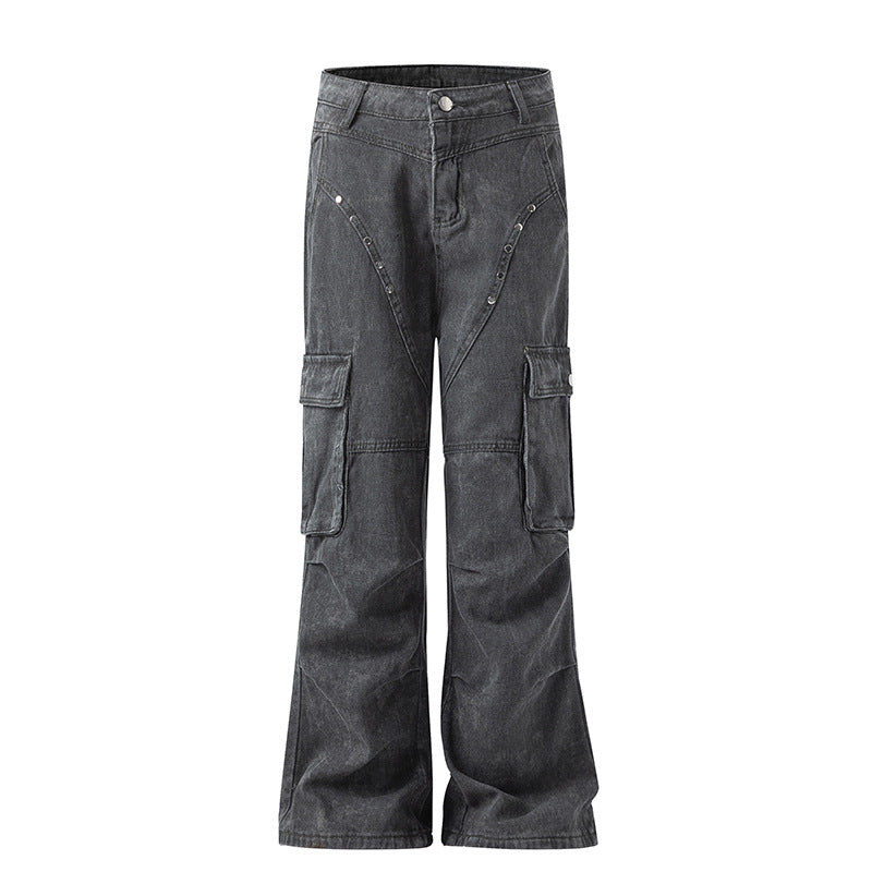 Utility Flared Denim Cargo Pants with Rivet Details