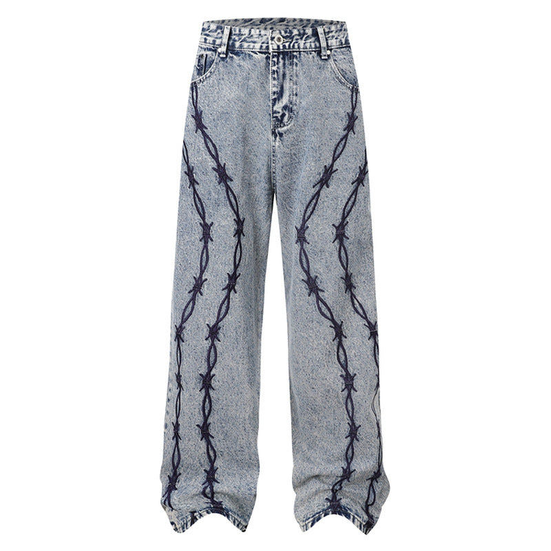 Embroidered Vibe-Style Wide-Leg Denim Pants