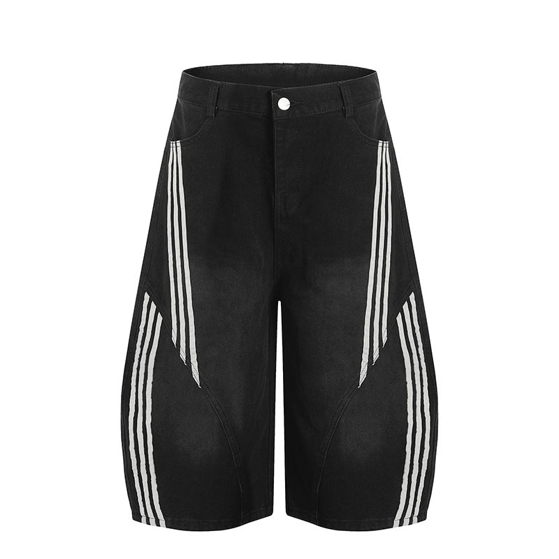 Washed Striped Wide-Leg Curved-Cut Banana Shorts