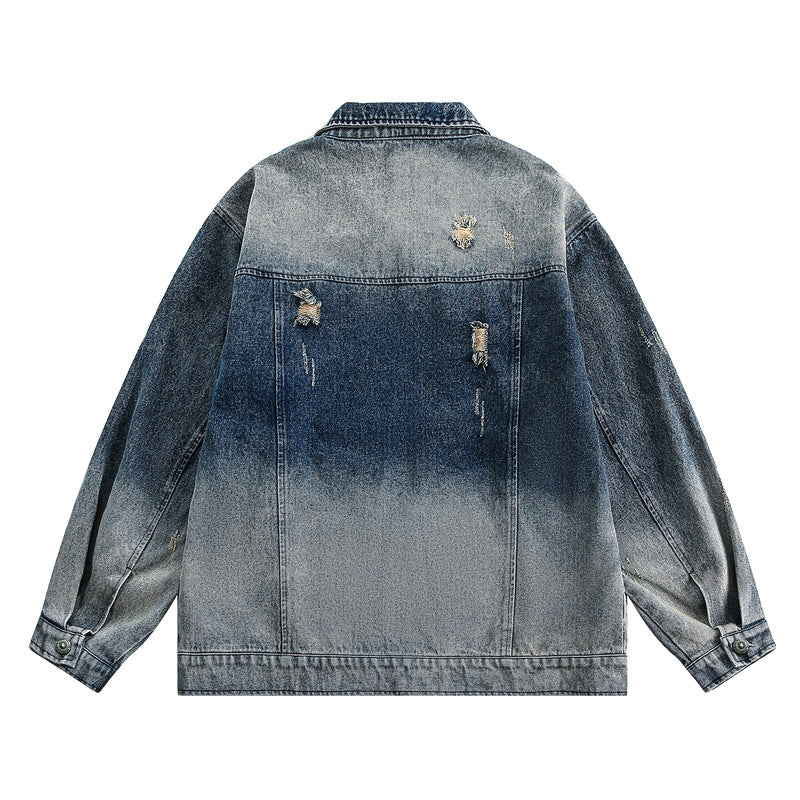 Vintage Gradient-Washed Distressed Denim Jacket with Badge Print